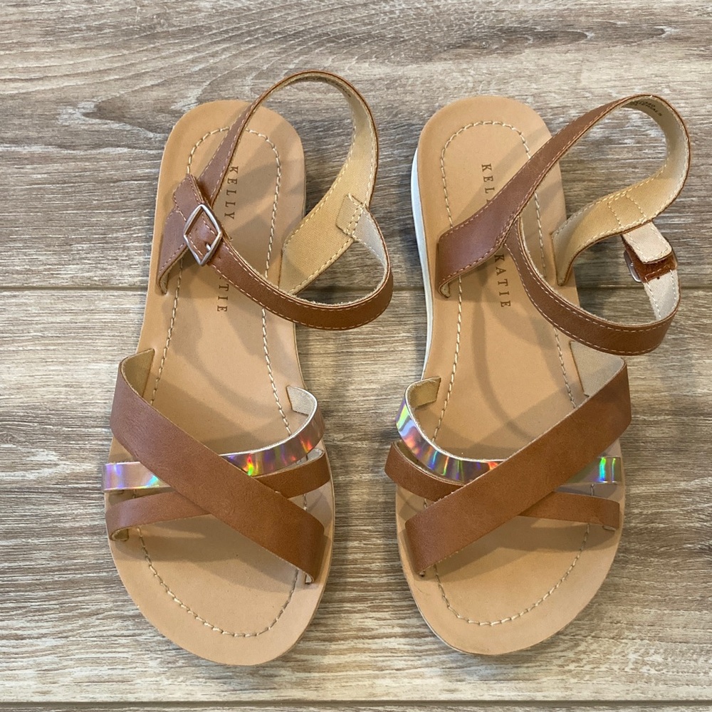 Kelly & Katie Tan Brown Sandals with Holographic Straps